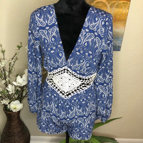 Blush Paisley Print Blue Long sleeve V-neck Romper w/ Crochet Detail Waist - Picture 3 of 9